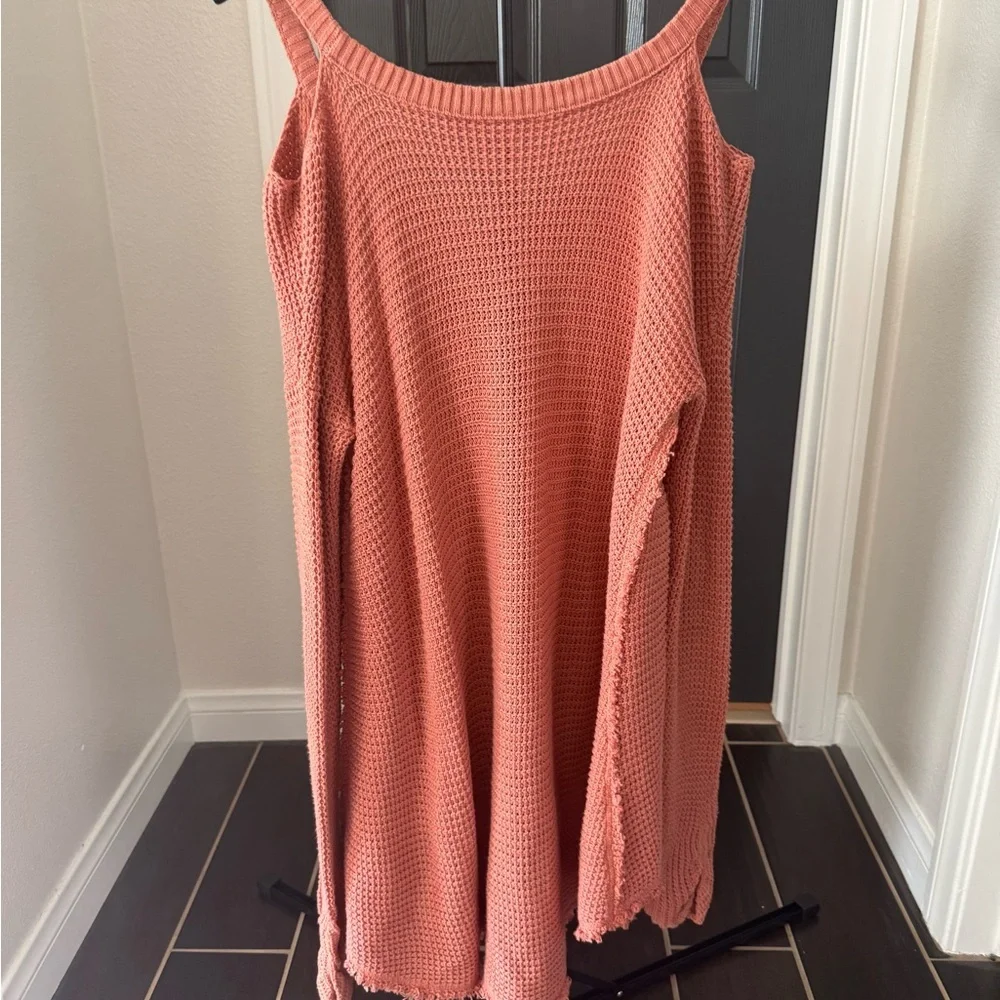Free People Terracotta Cold-Shoulder V-Neck Swing Sweater